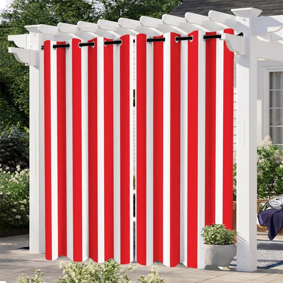 SNOWCITY Bright Red Striped Outdoor Curtains Waterproof 1 Panel