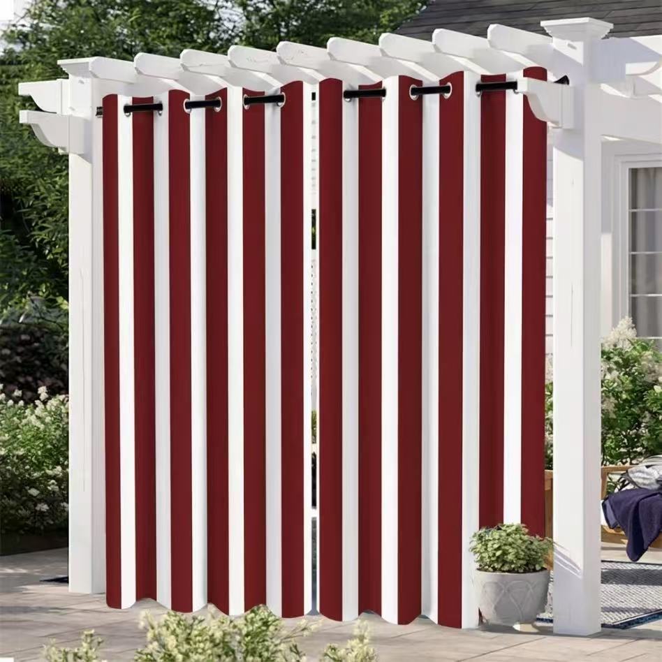 SNOWCITY Burgundy Striped Outdoor Curtains Waterproof 1 Panel