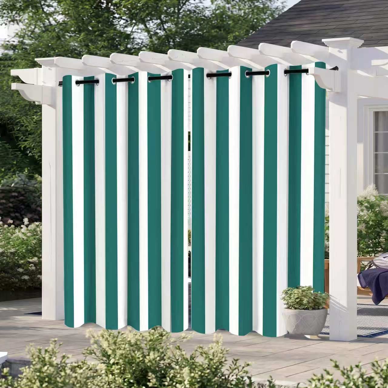 SNOWCITY Teal Striped Outdoor Curtains Waterproof 1 Panel