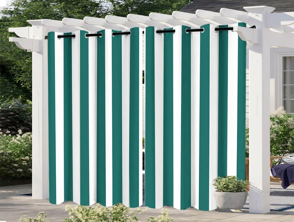 SNOWCITY Teal Striped Outdoor Curtains Waterproof 1 Panel
