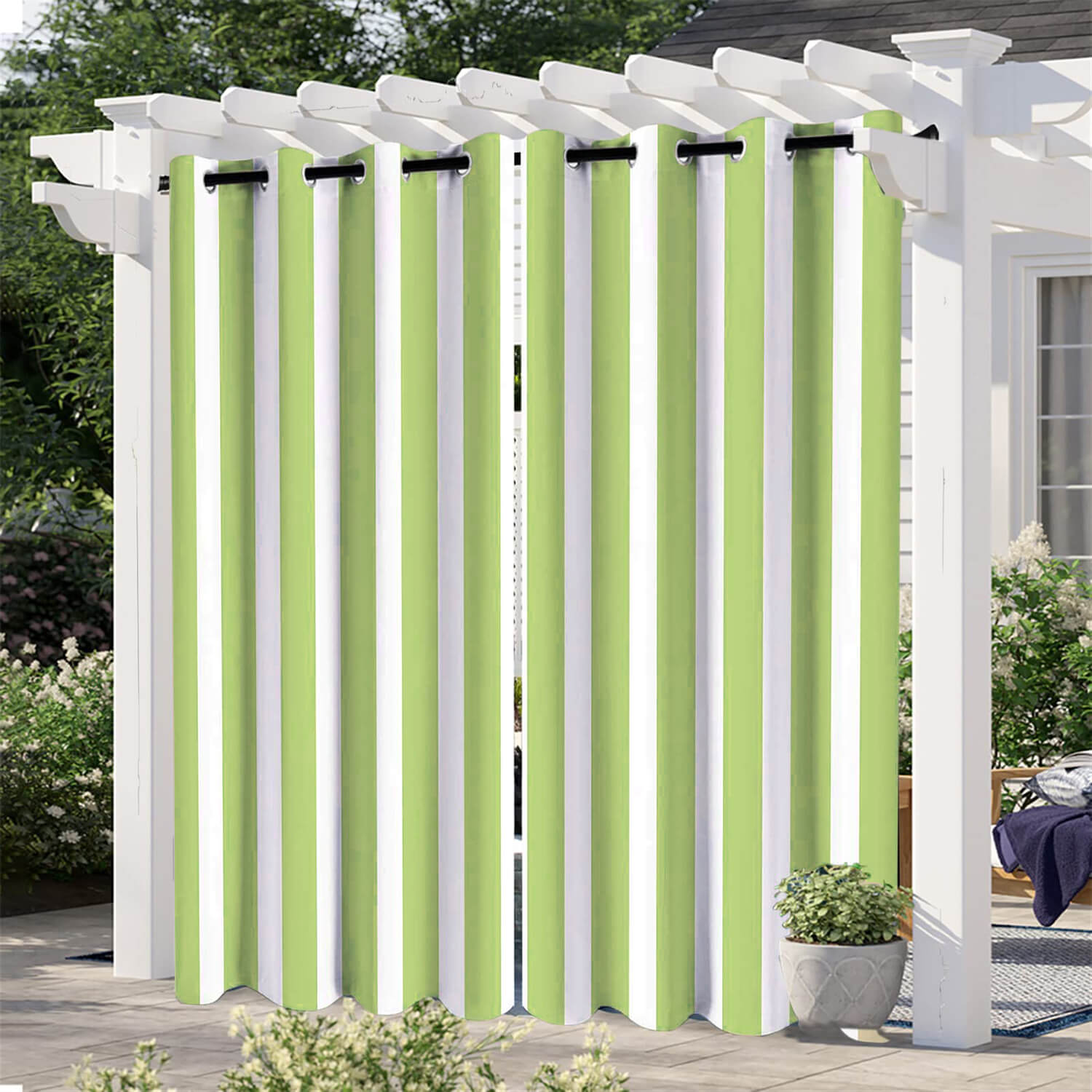 Striped Outdoor Curtains  Waterproof 1 Panel LawnGreen