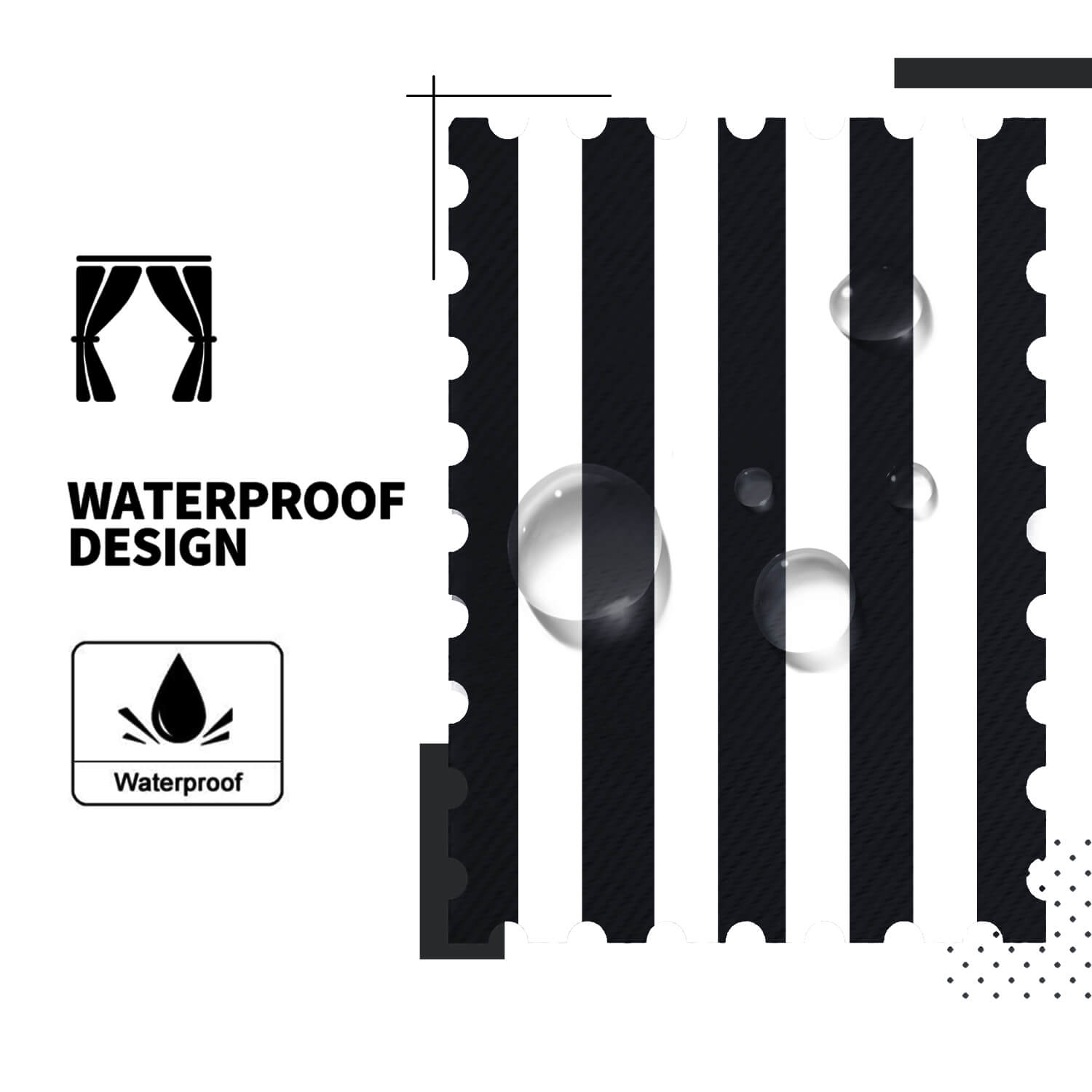 Striped Outdoor Curtains  Waterproof 1 Panel Black