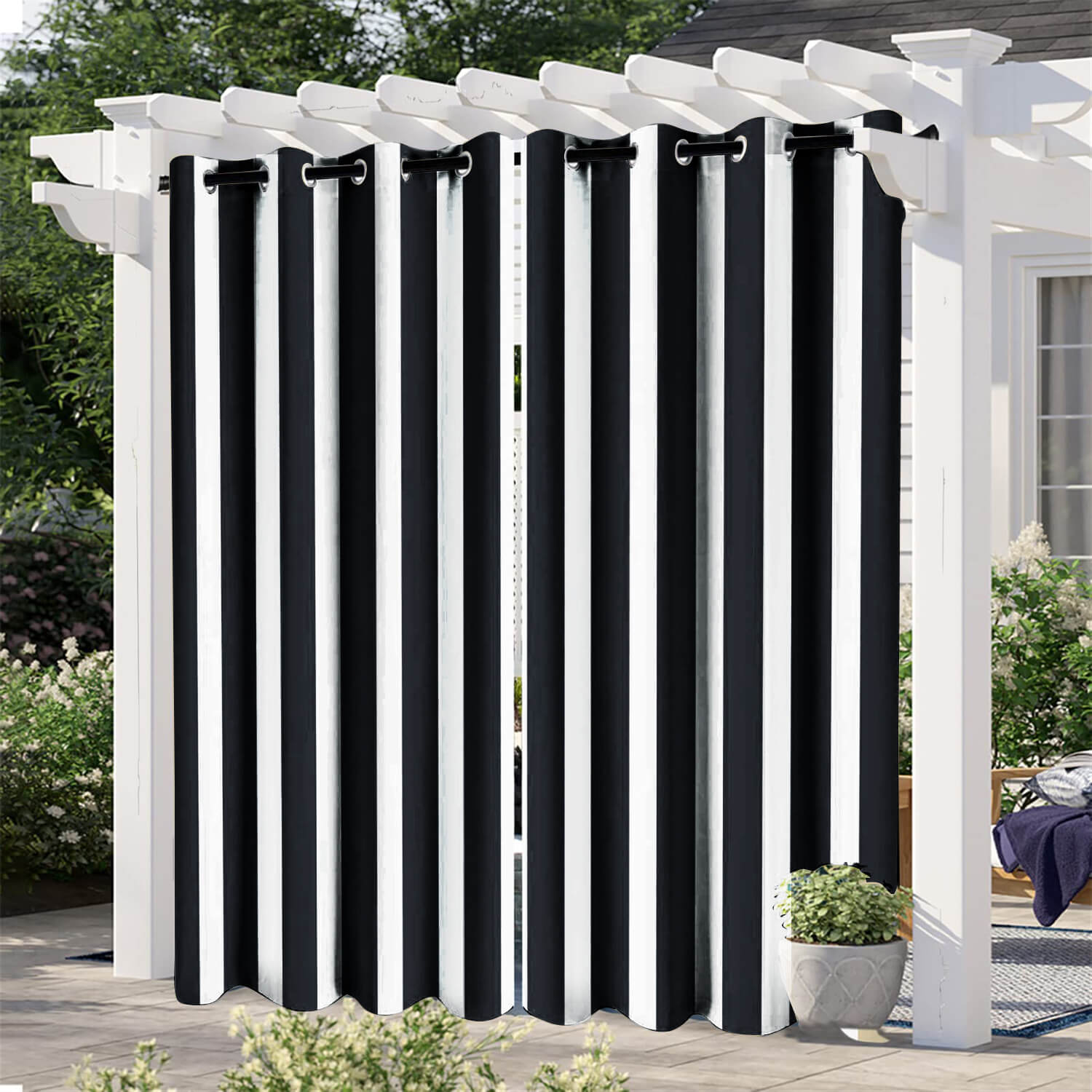 Striped Outdoor Curtains  Waterproof 1 Panel Black