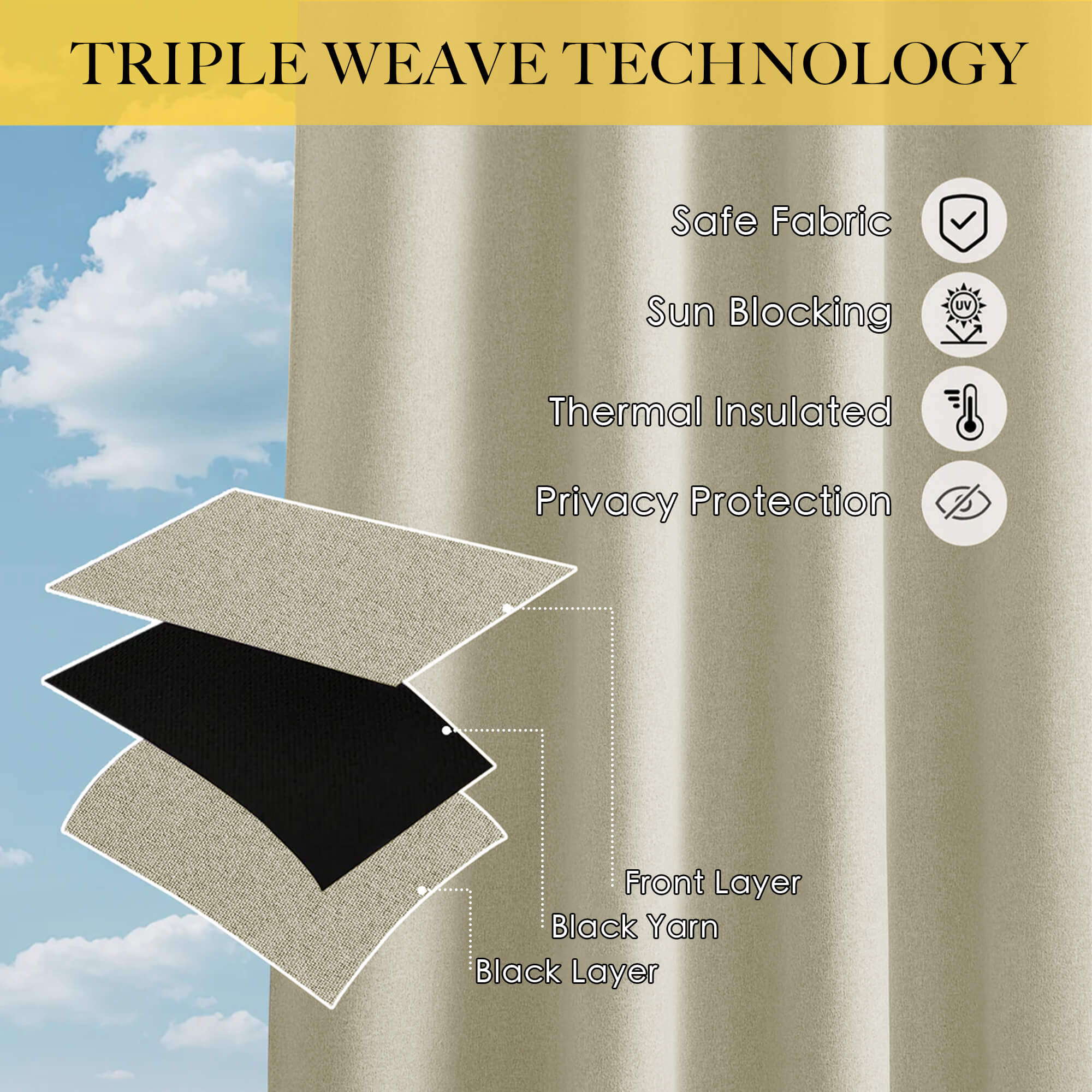 SNOWCITY Outdoor 100% Blackout Waterproof Double-Sided High-Quality Combed Cotton Curtains, Light Beige