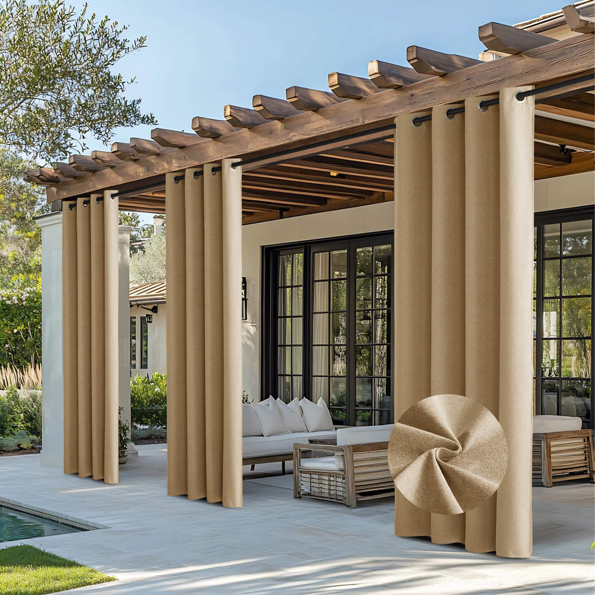 SNOWCITY Outdoor 100% Blackout Waterproof Double-Sided High-Quality Combed Cotton Curtains, Dark Beige