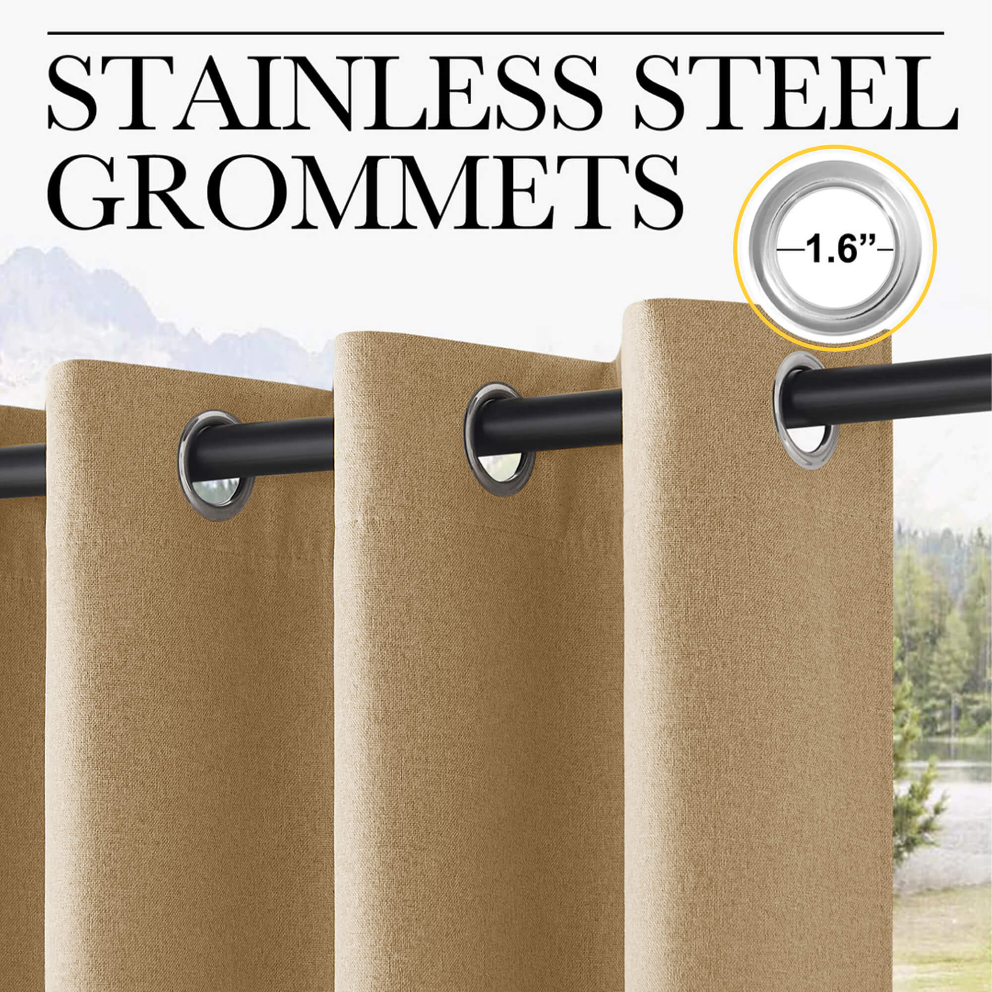 SNOWCITY Outdoor 100% Blackout Waterproof Double-Sided High-Quality Combed Cotton Curtains, Dark Beige