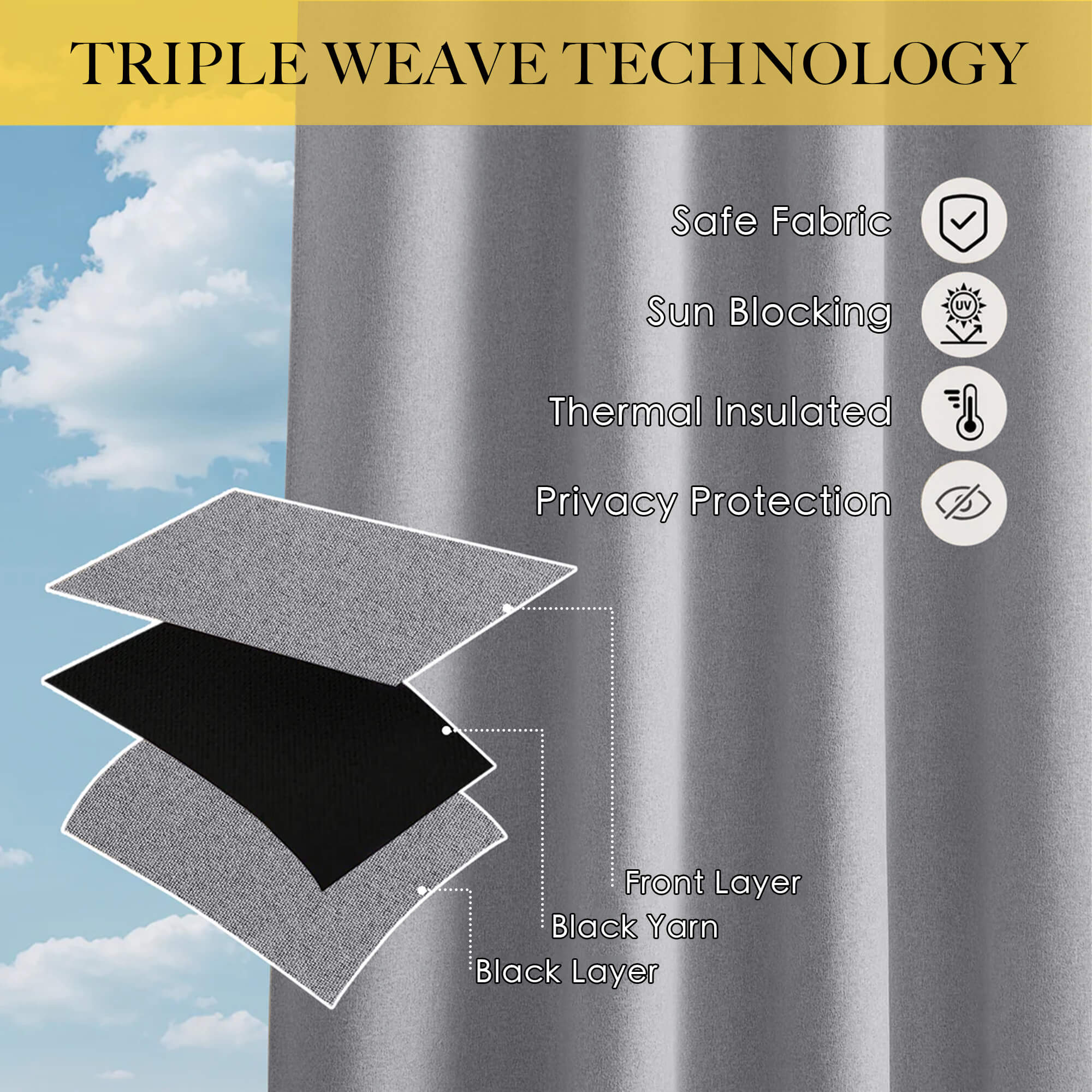 SNOWCITY Outdoor 100% Blackout Waterproof Double-Sided High-Quality Combed Cotton Curtains, Silver Gray