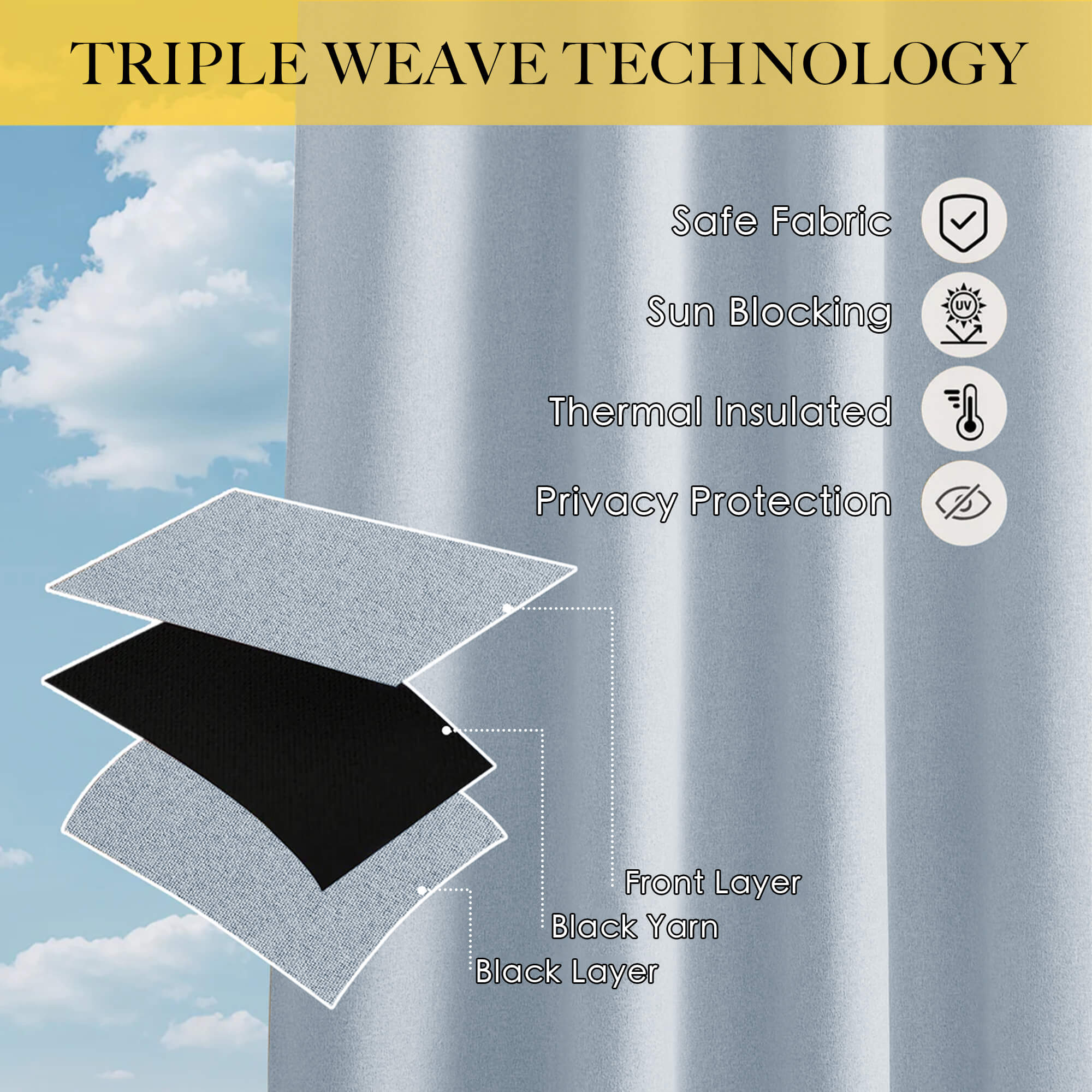 SNOWCITY Outdoor 100% Blackout Waterproof Double-Sided High-Quality Combed Cotton Curtains, Light Blue