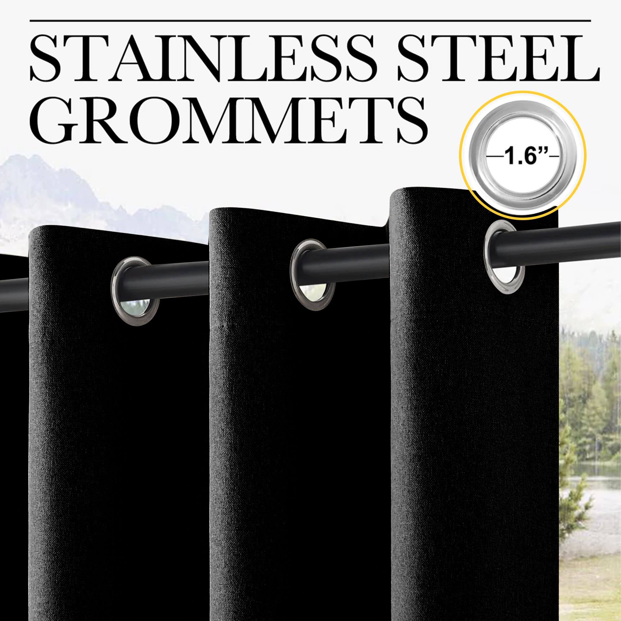 SNOWCITY Outdoor 100% Blackout Waterproof Double-Sided High-Quality Combed Cotton Curtains, Black