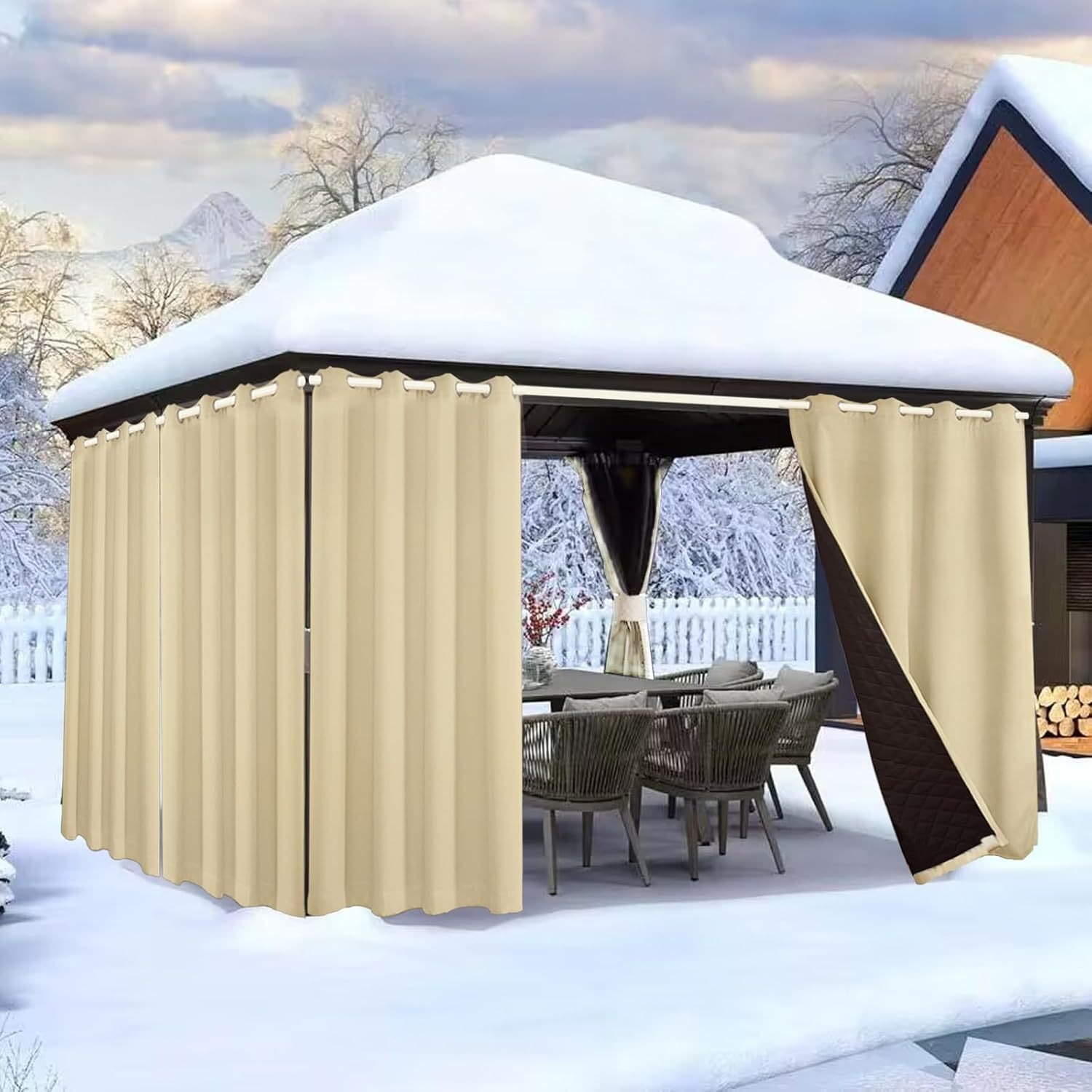 Insulating Gazebo Winter Curtains Waterproof | Outdoor Thermal Curtains for Winter Dark Beige