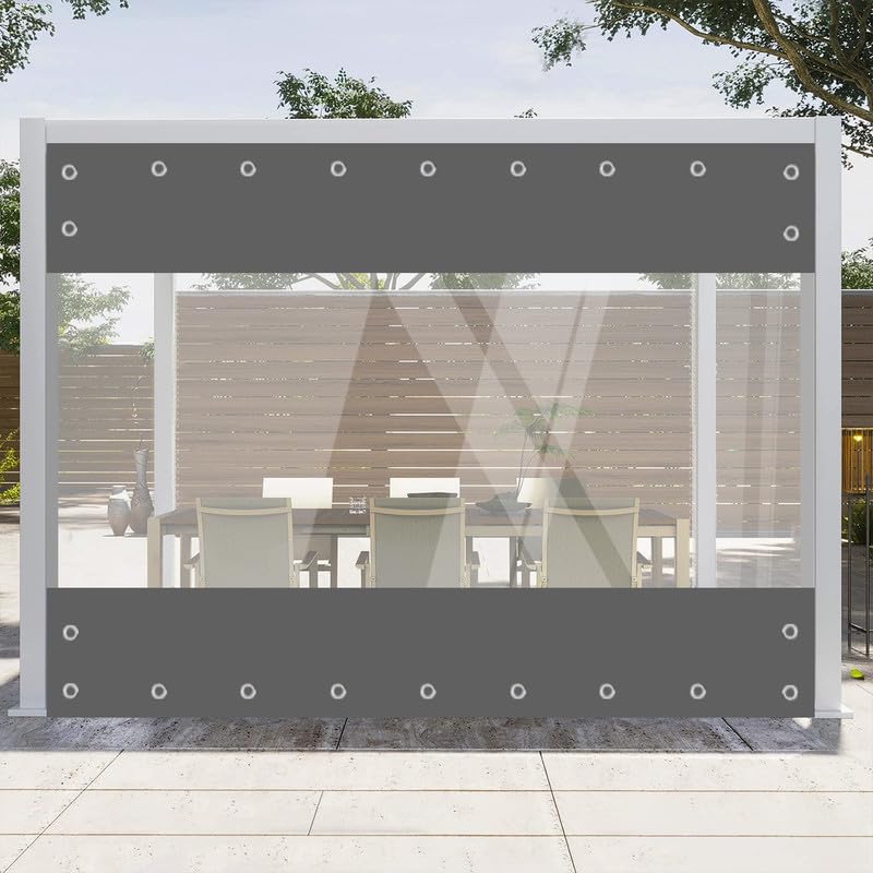 Clear vinyl curtain panel arranged at an outdoor opening