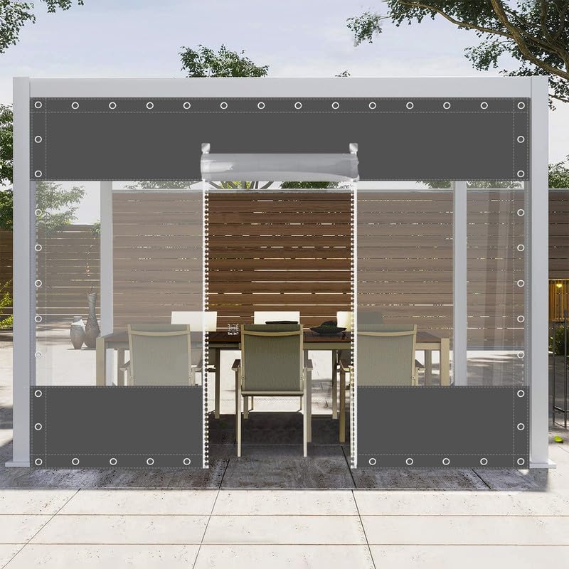 Clear vinyl outdoor curtain panel framing a patio view