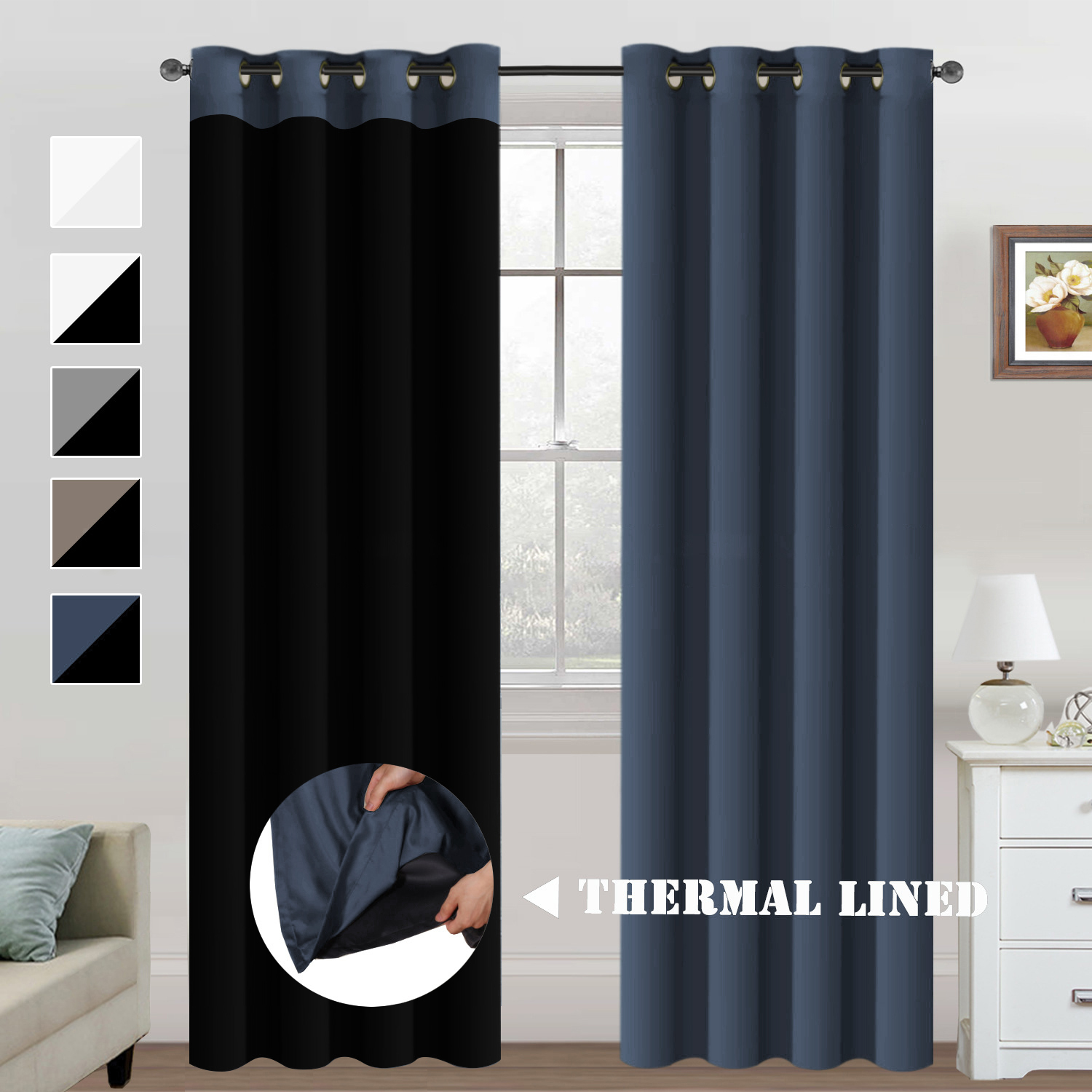 SNOWCITY Insulated 100% Blackout Curtains with Black Liner - Grommet Top