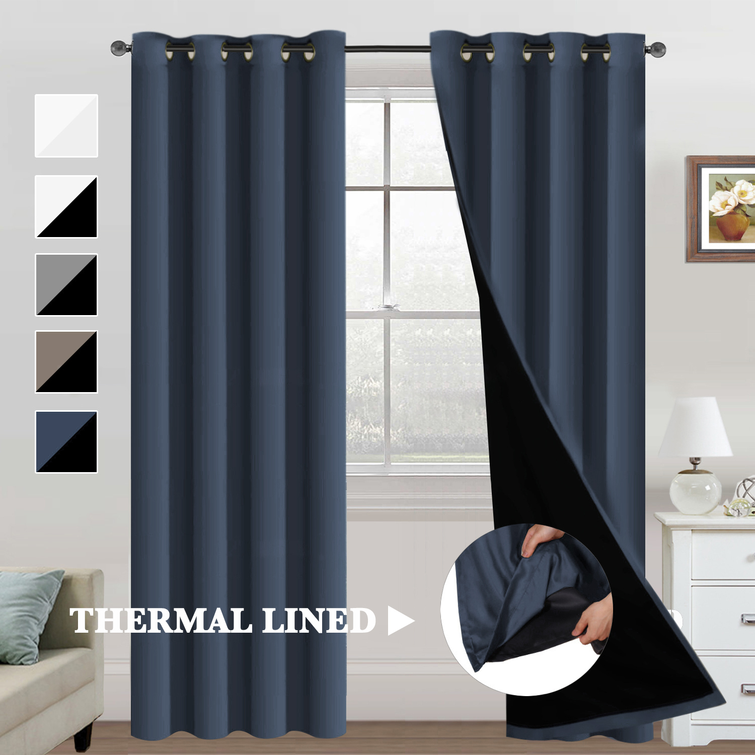 SNOWCITY Insulated 100% Blackout Curtains with Black Liner - Grommet Top
