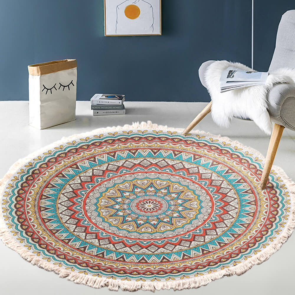 Snowcity Round Outdoor Rug with Fringe Tassels