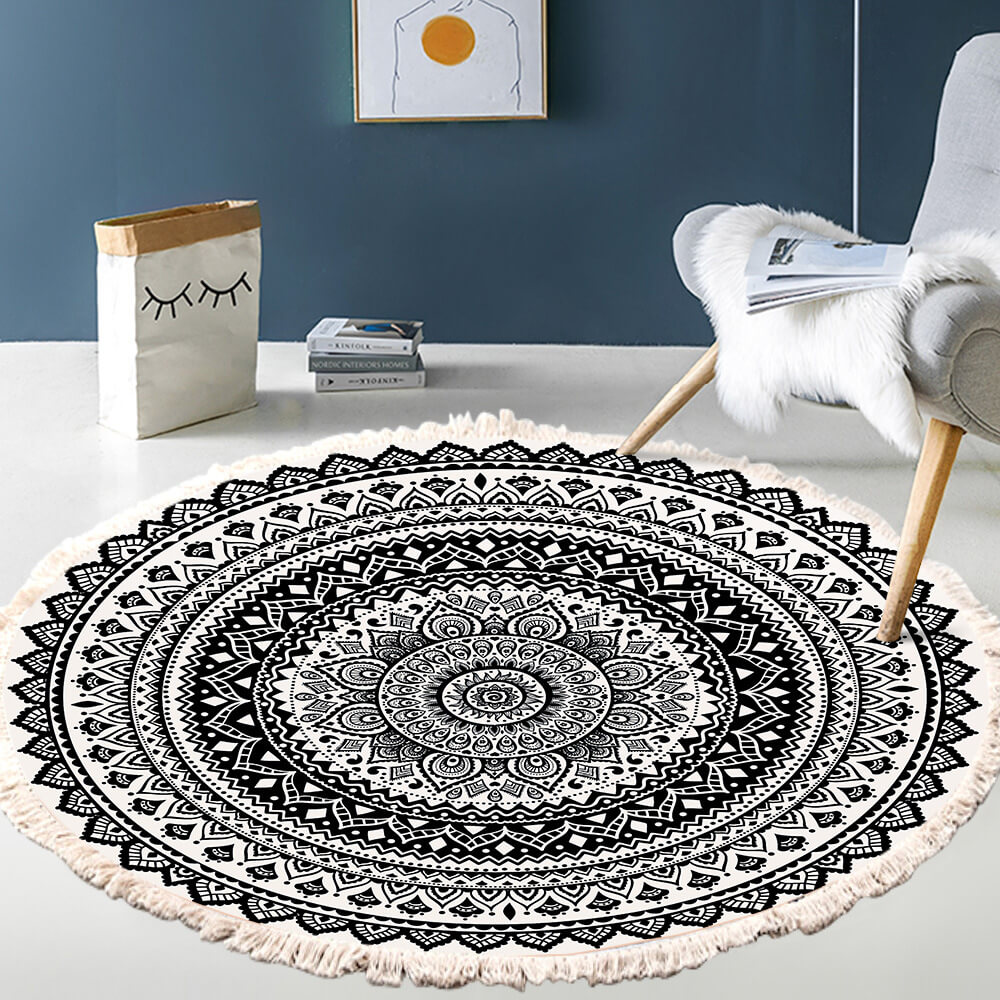 Snowcity Round Outdoor Rug with Fringe Tassels