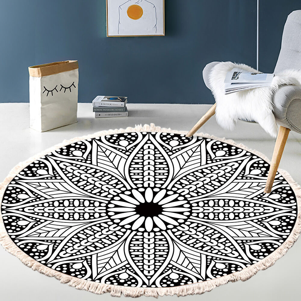 Snowcity Round Outdoor Rug with Fringe Tassels