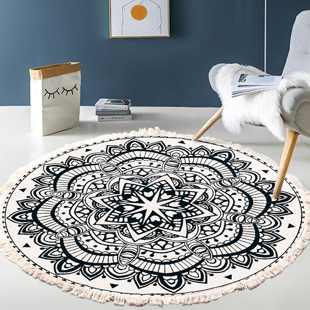 Snowcity Round Outdoor Rug with Fringe Tassels