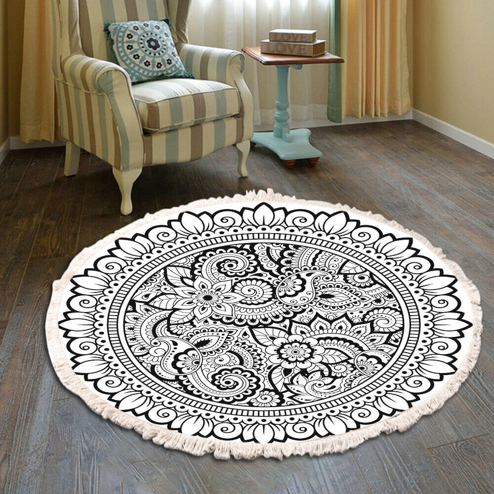 Snowcity Round Outdoor Rug with Fringe Tassels