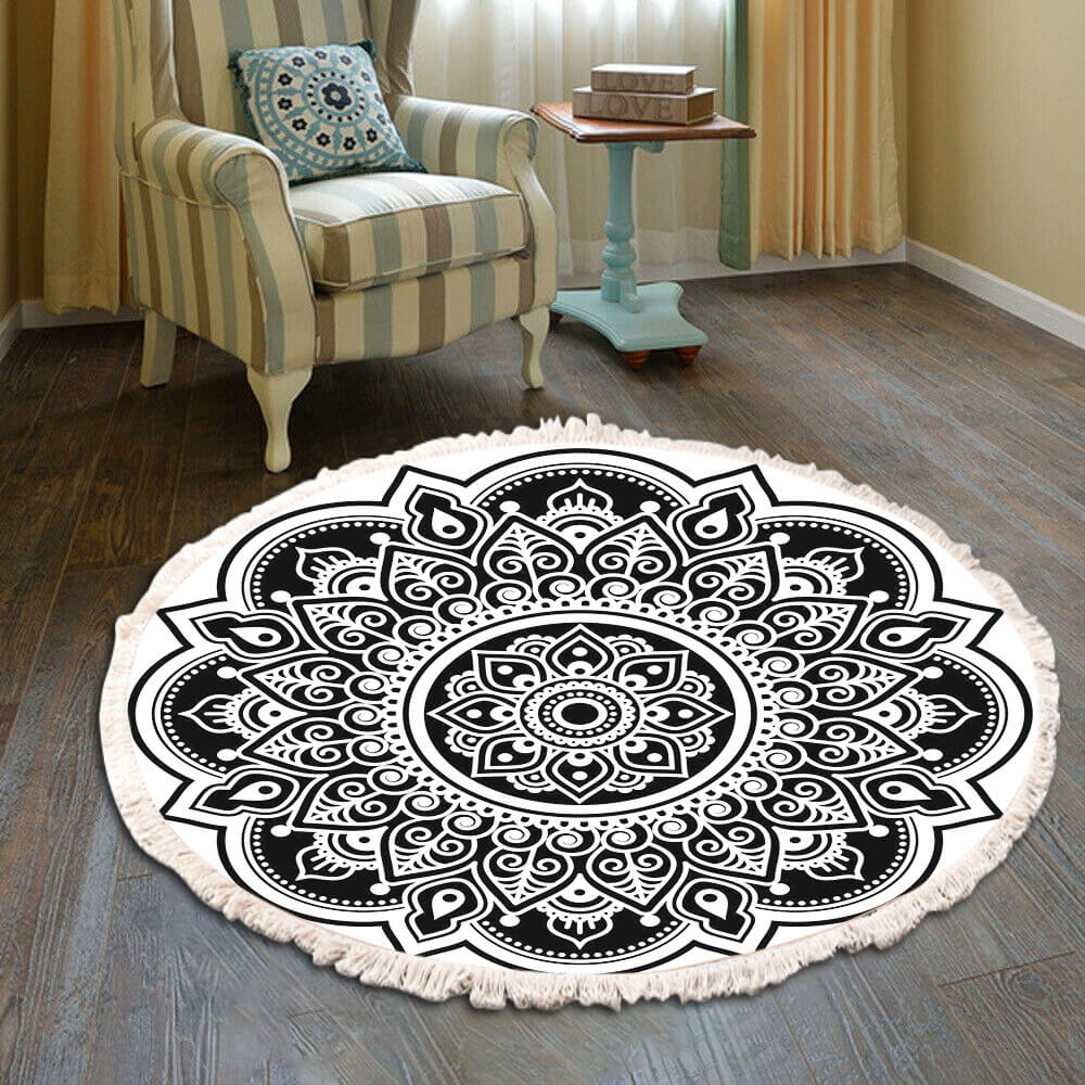 Snowcity Round Outdoor Rug with Fringe Tassels