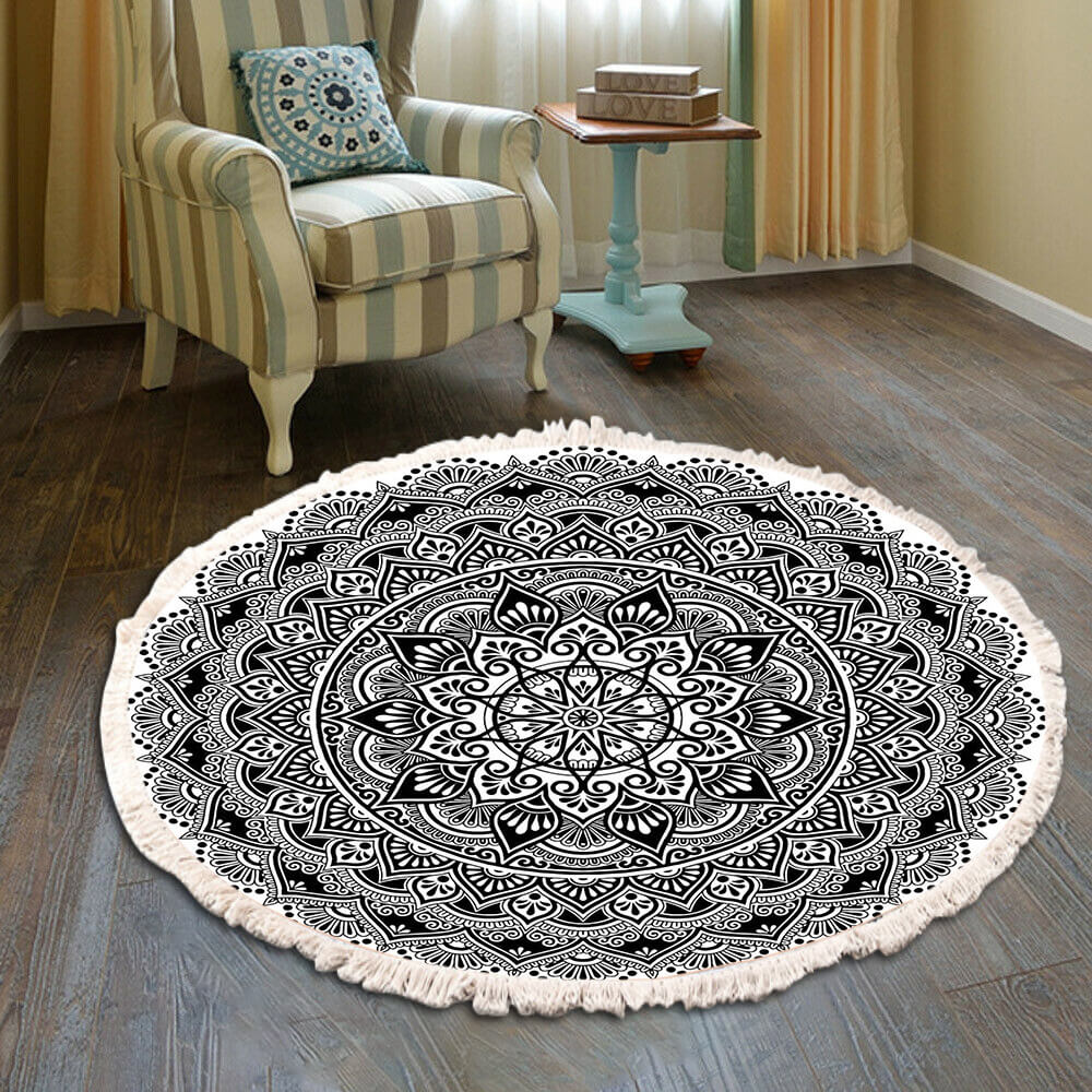 Snowcity Round Outdoor Rug with Fringe Tassels