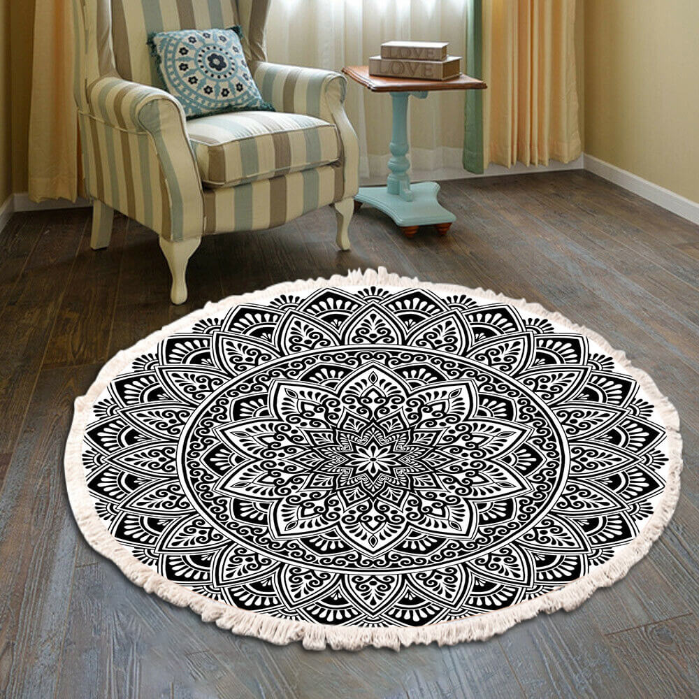 Snowcity Round Outdoor Rug with Fringe Tassels
