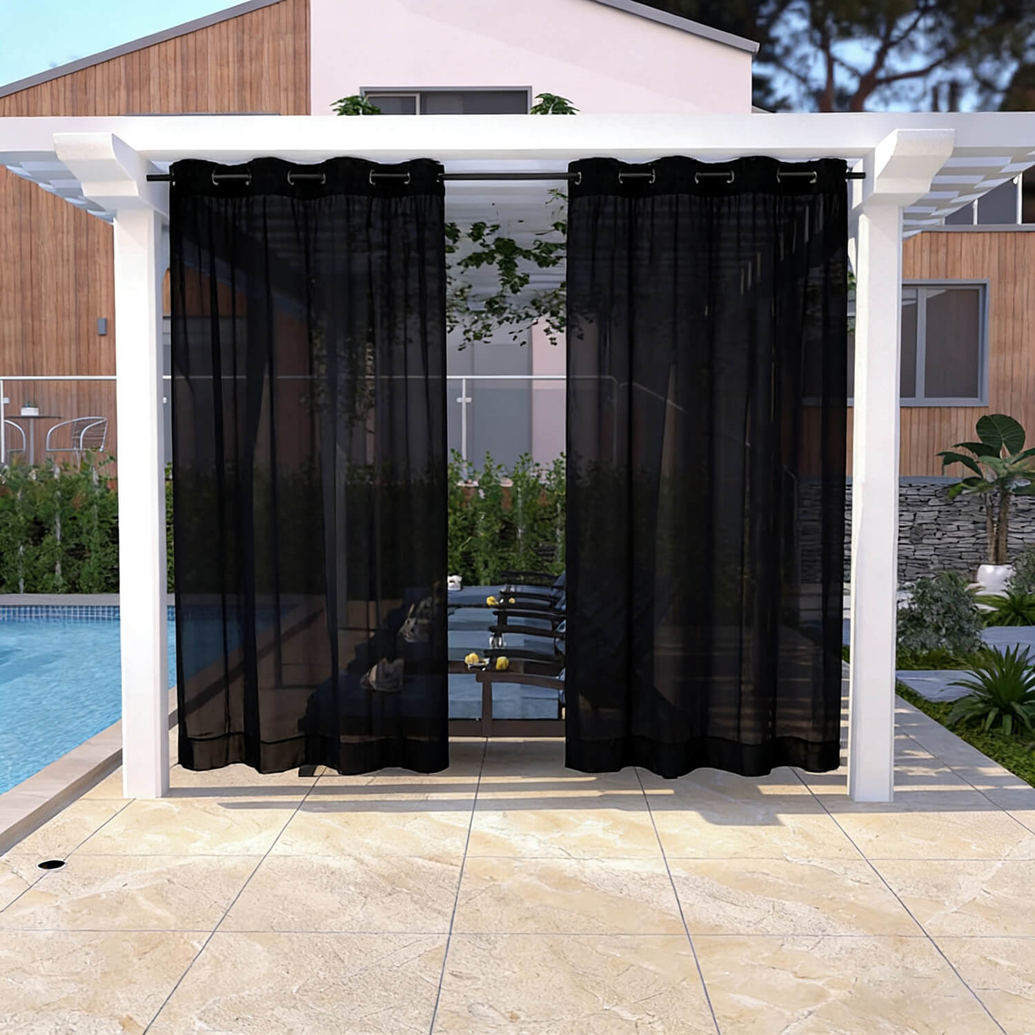 Outdoor Sheer Curtains Waterproof Grommet Top - Black