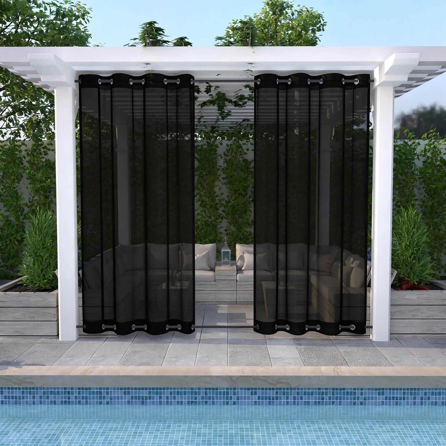 Outdoor Sheer Curtains Waterproof Grommet Top & Bottom - Black