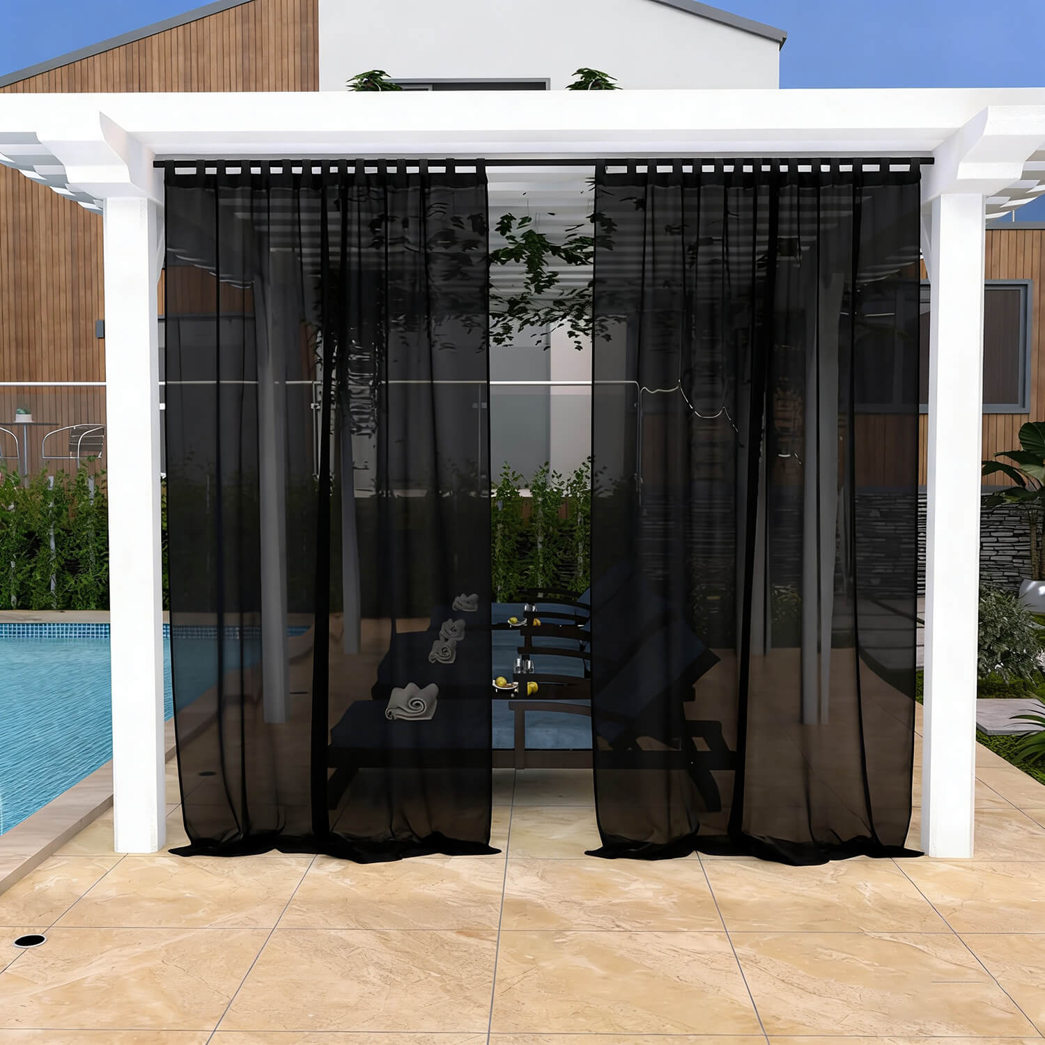 Outdoor Sheer Curtains Waterproof Velcro Tab Top - Black