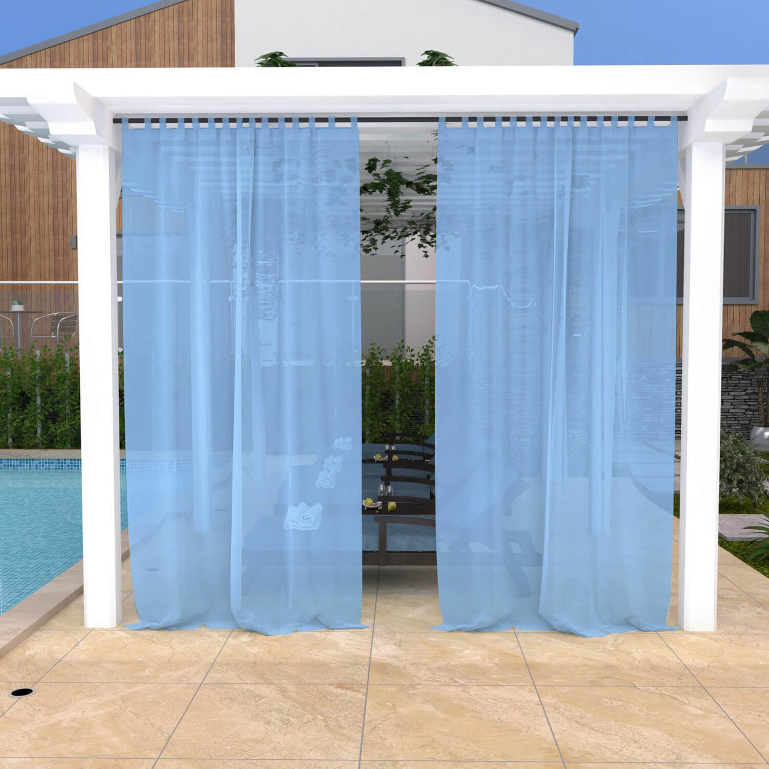 Outdoor Sheer Curtains Waterproof Velcro Tab Top - Sky Blue