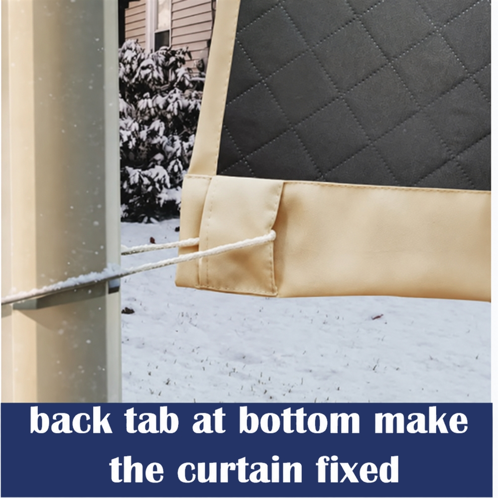 Back tab at bottom helps keep Snowcity winter outdoor curtains fixed