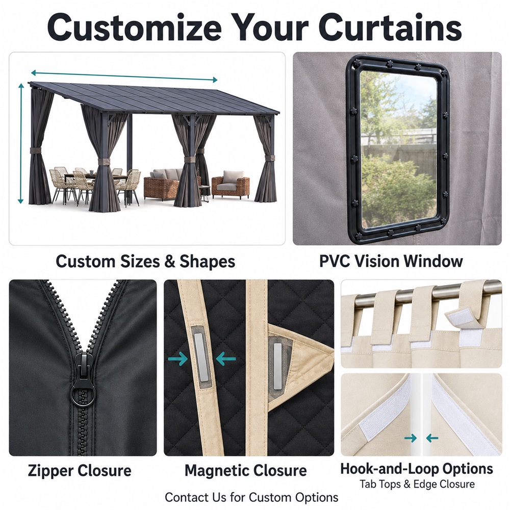 Customize your Snowcity insulated outdoor curtains with custom sizes, PVC vision window, zipper closure, magnetic closure, and hook-and-loop options