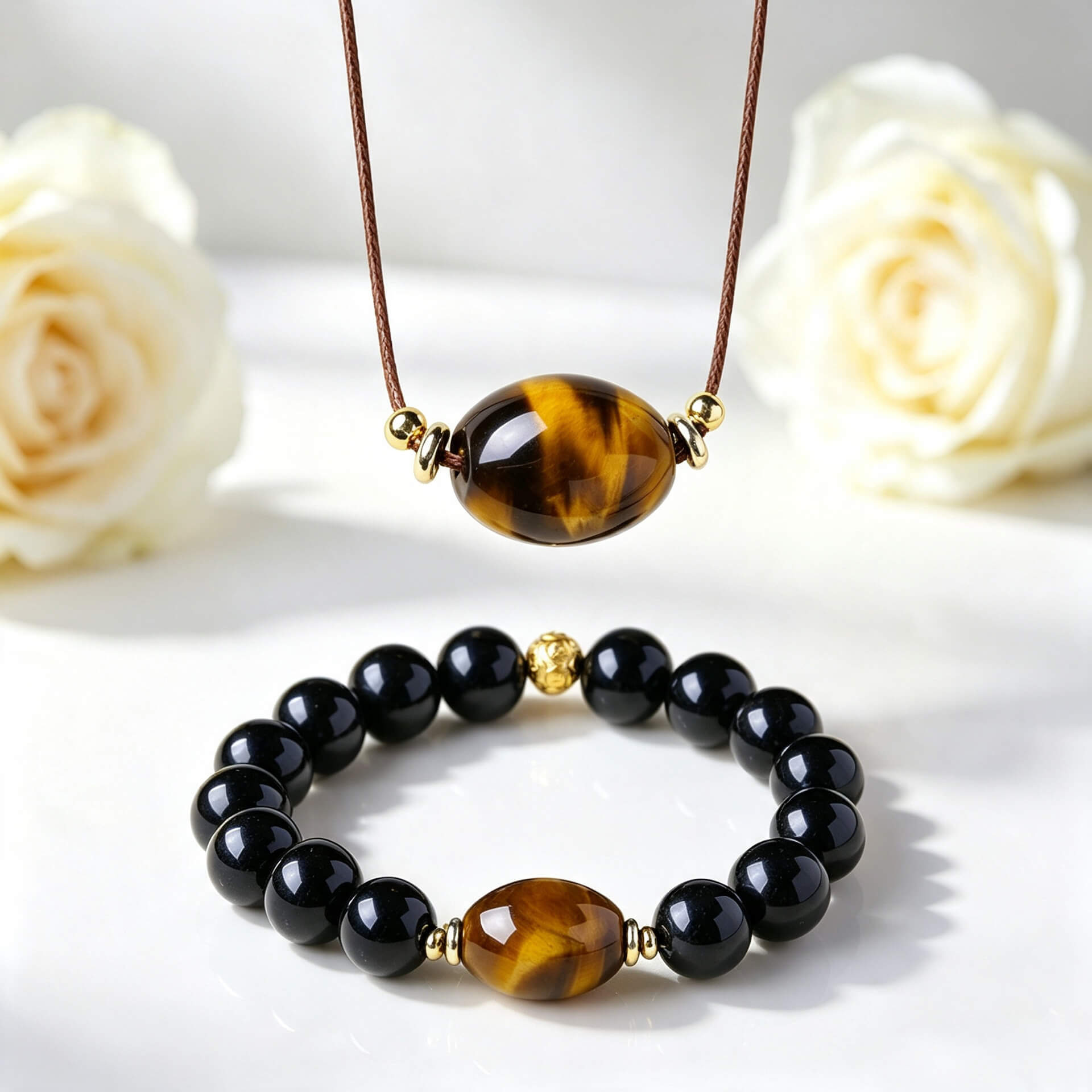 Tiger‘s Eye Barrel Choker & Obsidian Bracelet Set