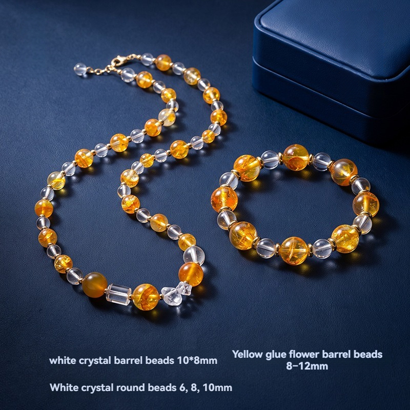 Natural Clear Quartz & Yellow Flower Quartz Bracelet and Necklace Set