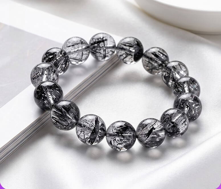 Natural Black Herkimer Diamond Round Bead Bracelet