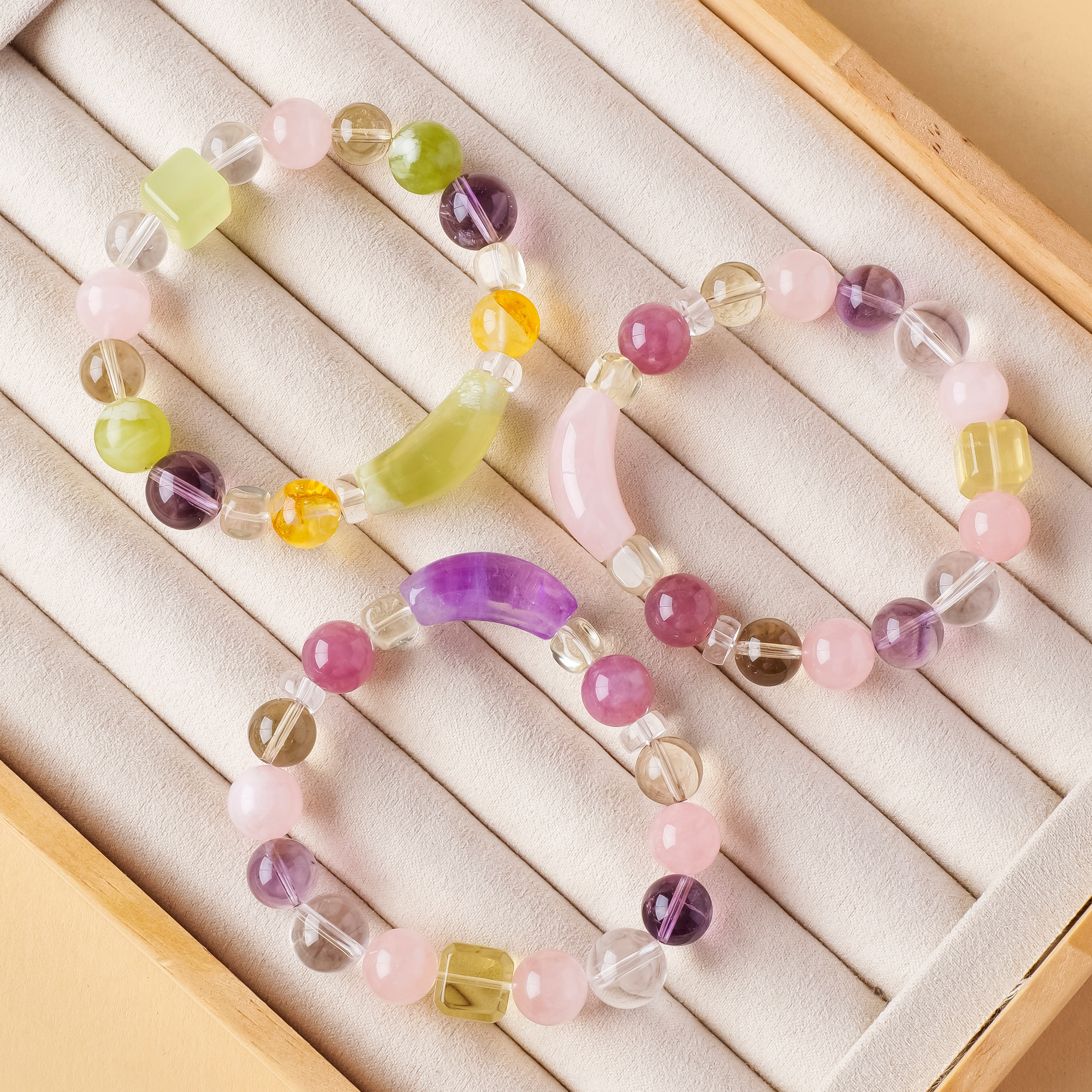 Crystal bracelet amethyst, citrine, clear quartz, glazed jade, and rose quartz.