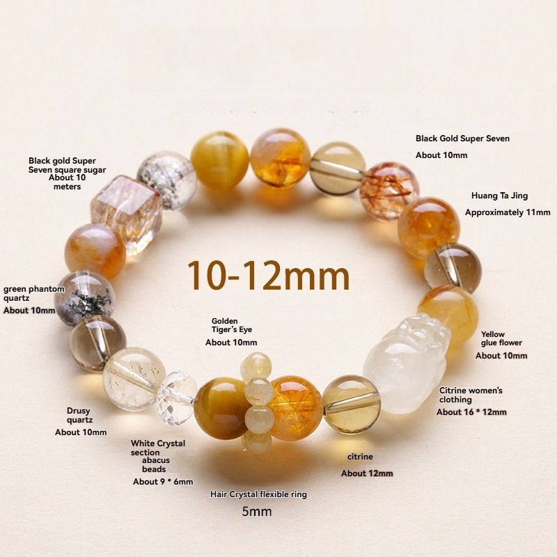 Black Super Seven & 6-Gem Crystal Bracelet – Clear Quartz, Citrine, Yellow Flower Quartz, Golden Rutilated Quartz, Golden Tiger’s Eye & Green Phantom Quartz