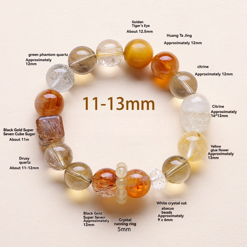 Black Super Seven & 6-Gem Crystal Bracelet – Clear Quartz, Citrine, Yellow Flower Quartz, Golden Rutilated Quartz, Golden Tiger’s Eye & Green Phantom Quartz