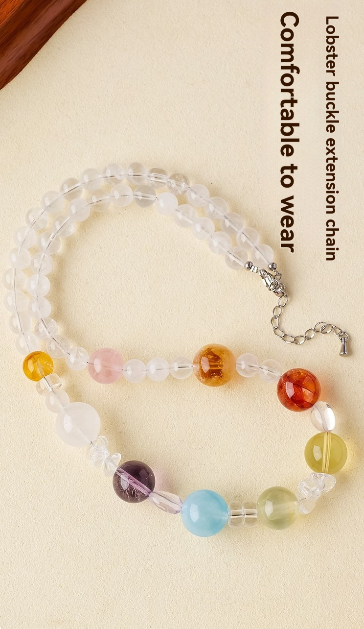 Multi‑Gem Crystal Necklace – Citrine · Clear Quartz · Amethyst · Rose Quartz · Aquamarine · Prehnite · Red Flower Quartz