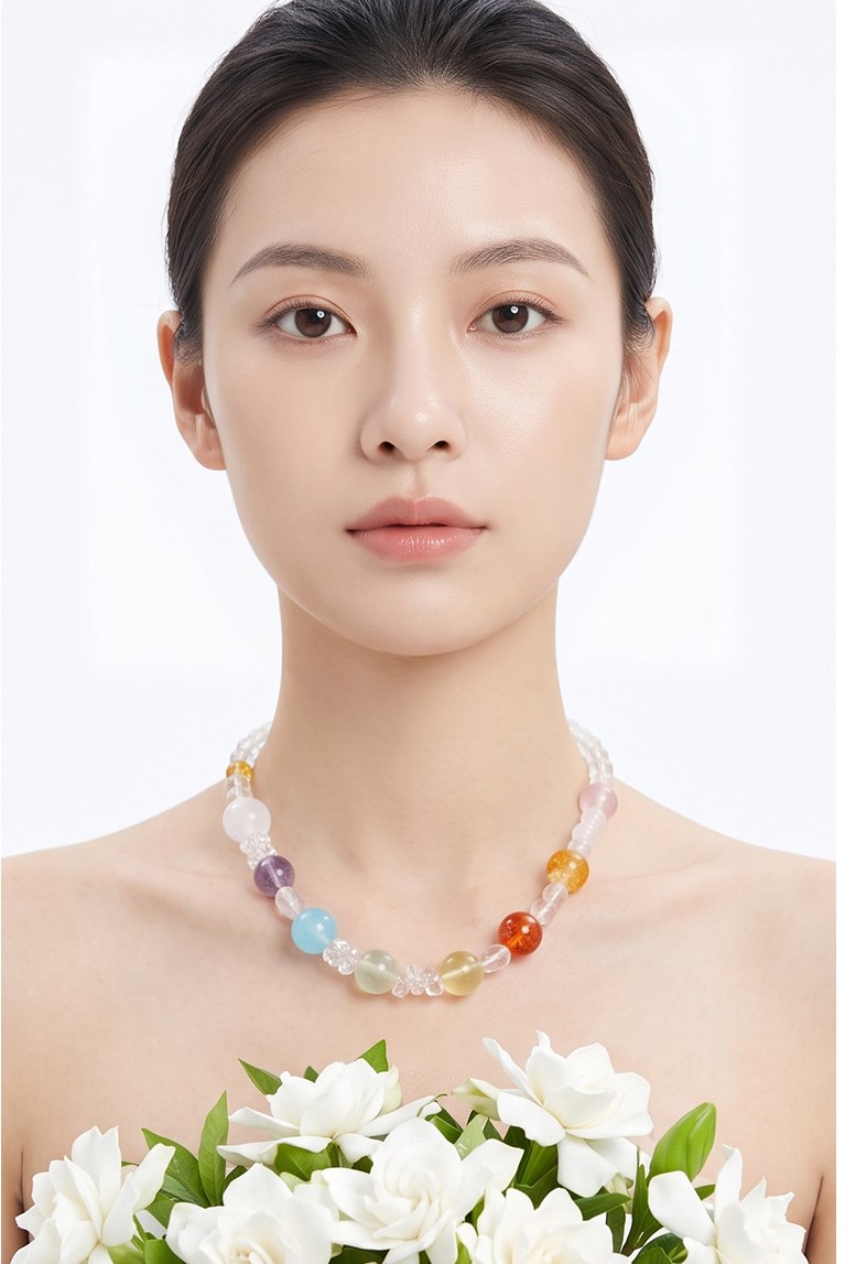 Multi‑Gem Crystal Necklace – Citrine · Clear Quartz · Amethyst · Rose Quartz · Aquamarine · Prehnite · Red Flower Quartz
