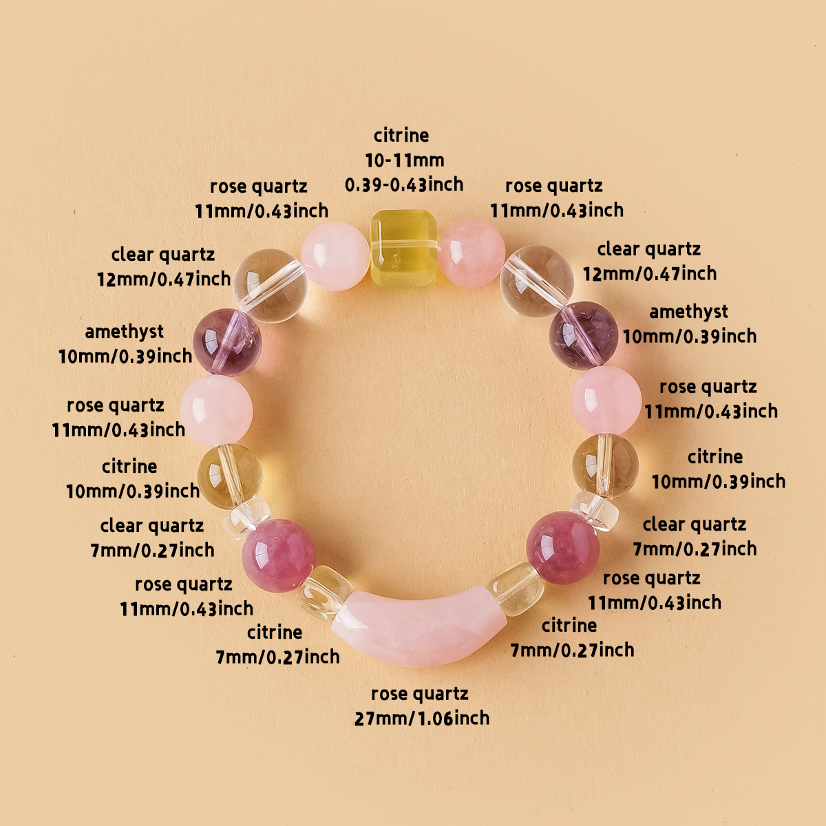 Crystal bracelet amethyst, citrine, clear quartz, glazed jade, and rose quartz.