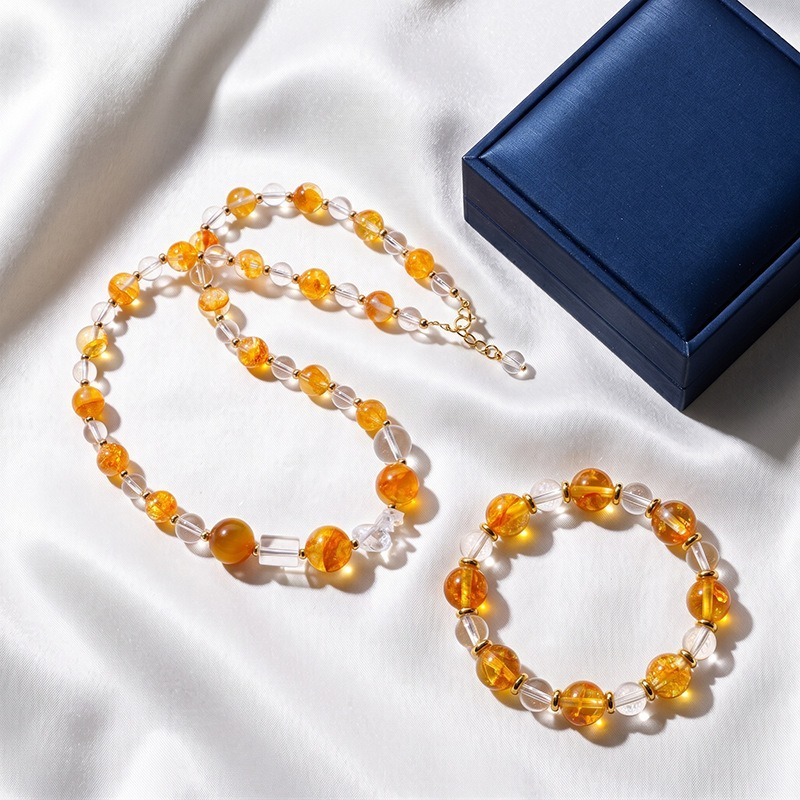 Natural Clear Quartz & Yellow Flower Quartz Bracelet and Necklace Set