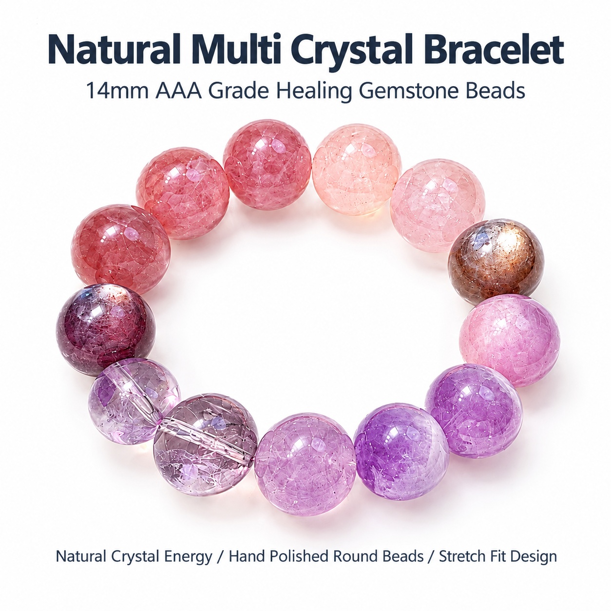 Natural 5-Stone Purple Crystal Bracelet – Lepidolite, Purple Madagascar Rose Quartz, Lavender Amethyst, Bolivian Amethyst & Kunzite (Approx. 14mm Beads)