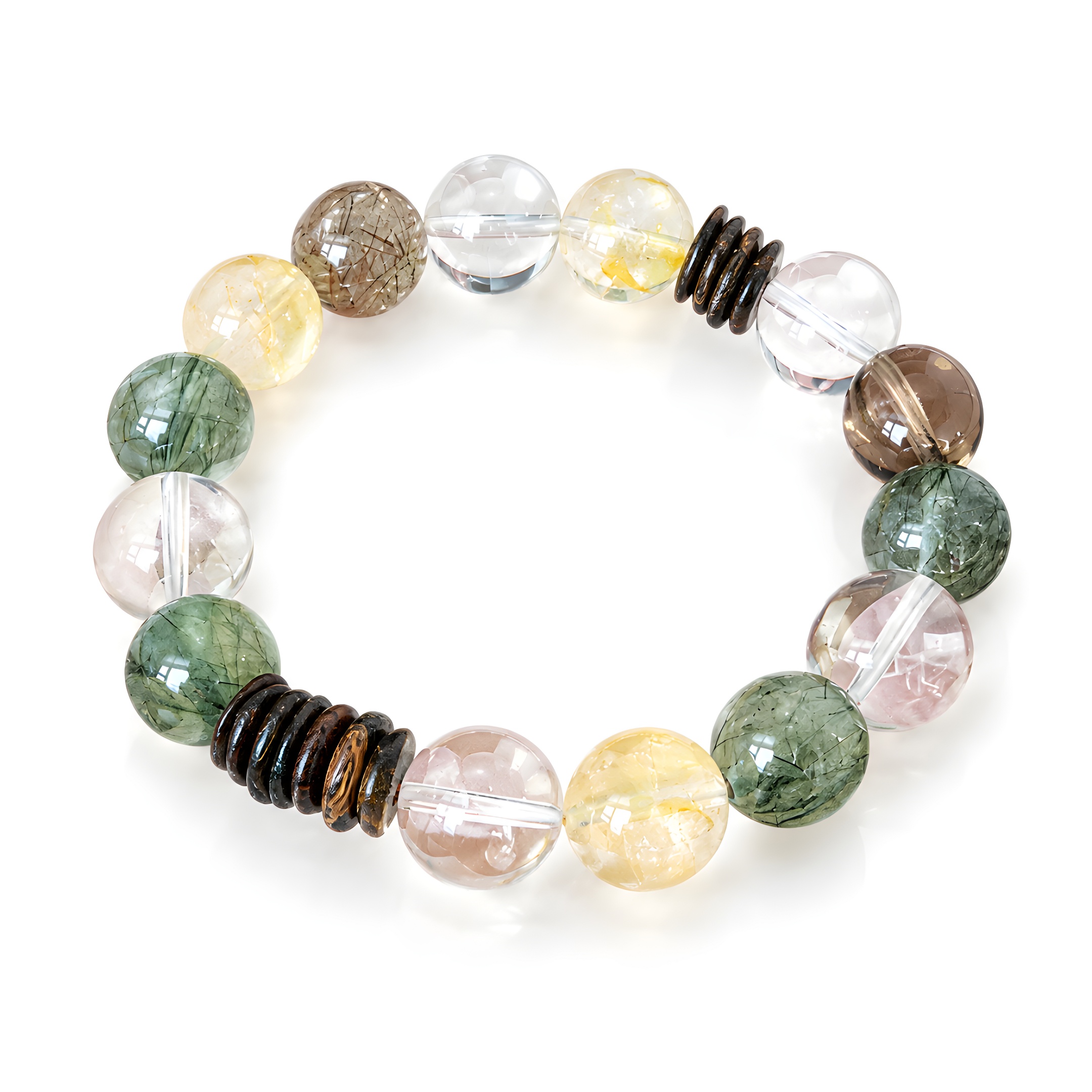 Natural Green Rutilated Quartz, Yellow Flower Quartz, Black Gold Super Seven, Clear Quartz & Smoky Quartz Free-Form Bracelet (Approx. 11.5–13mm Beads)