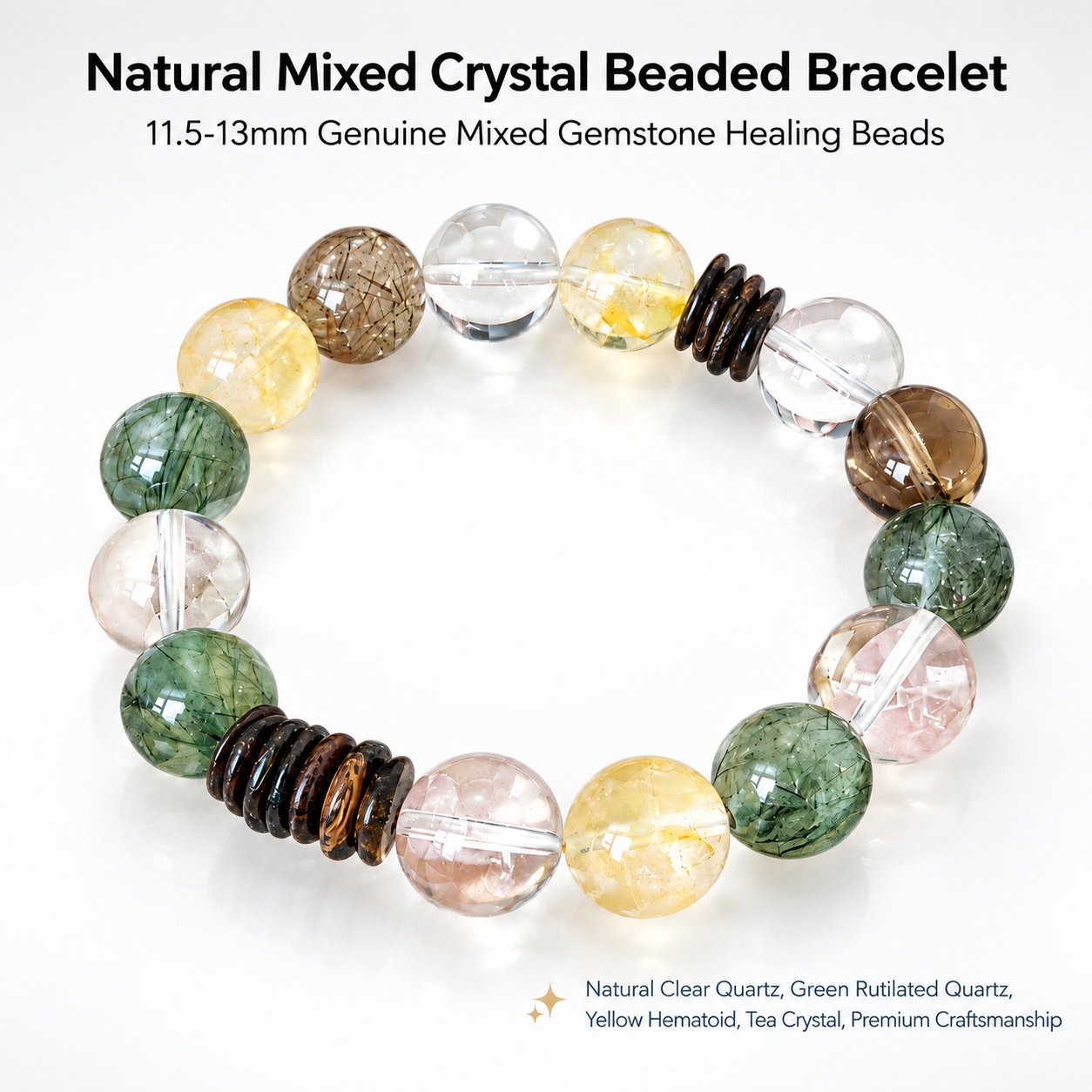 Natural Green Rutilated Quartz, Yellow Flower Quartz, Black Gold Super Seven, Clear Quartz & Smoky Quartz Free-Form Bracelet (Approx. 11.5–13mm Beads)