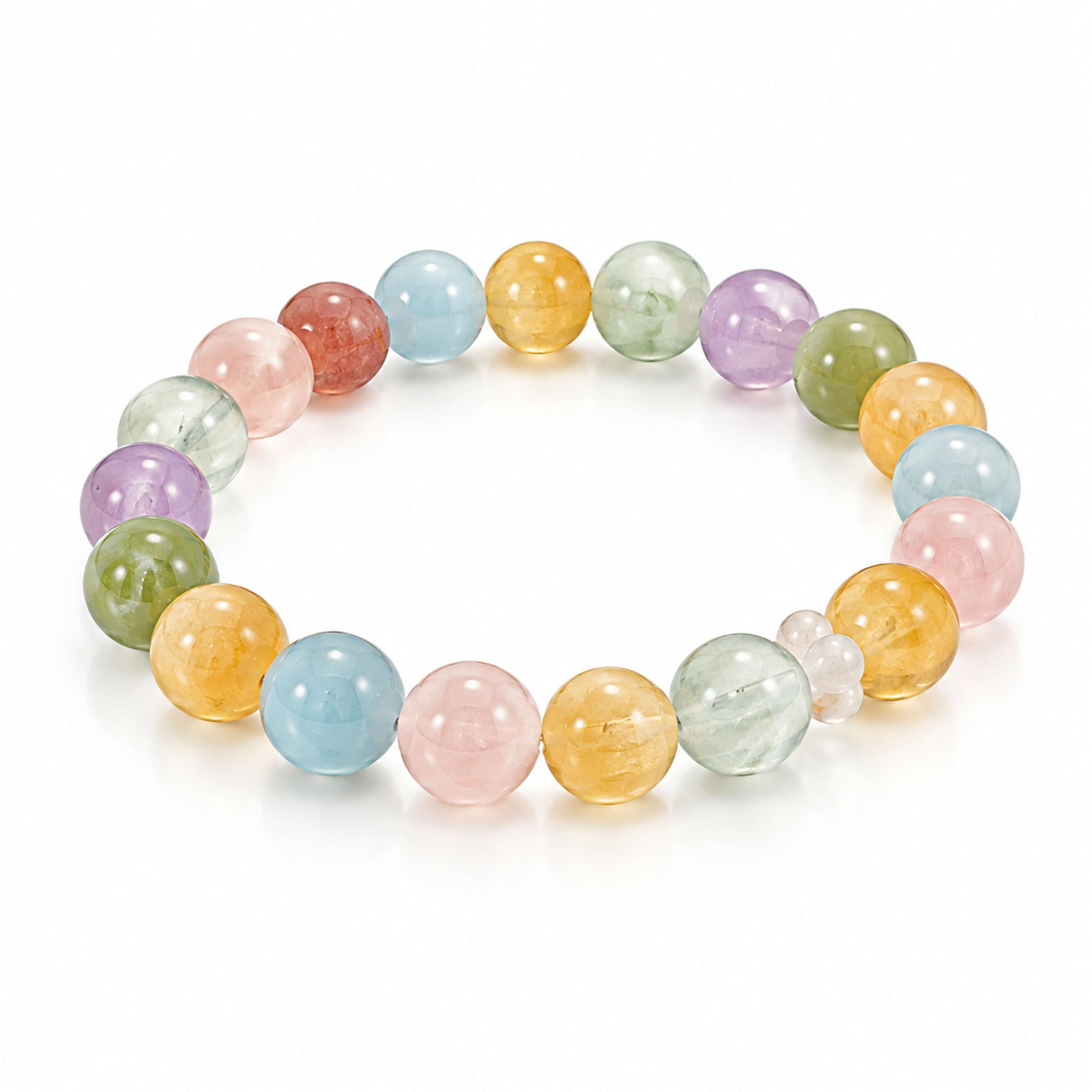 Natural Multi-Gem Crystal Bracelet for Women – Large-Bead Style: Rose Quartz, Amethyst, Fluorite, Strawberry Quartz & Golden Lepidolite