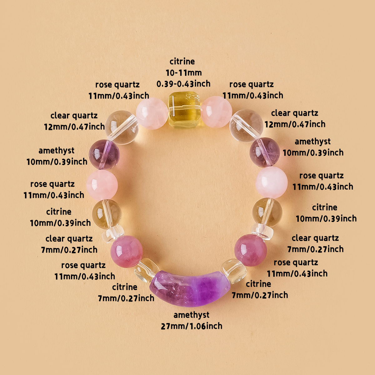 Crystal bracelet amethyst, citrine, clear quartz, glazed jade, and rose quartz.