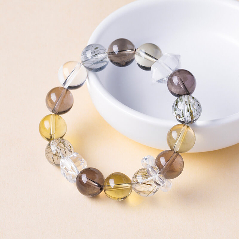 Maillard-Tone Crystal Bracelet with Clear Quartz, Citrine, Smoky Quartz, and Green Rutilated Quartz