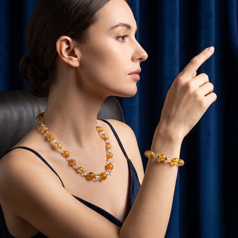 Natural Clear Quartz & Yellow Flower Quartz Bracelet and Necklace Set