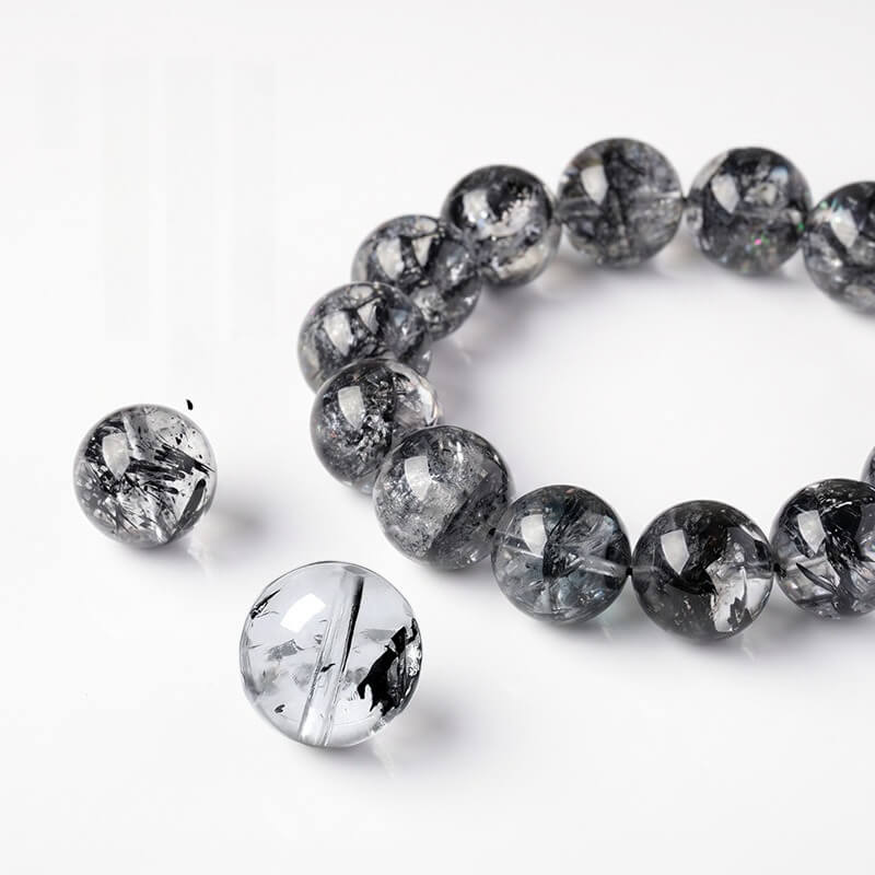 Natural Black Herkimer Diamond Round Bead Bracelet